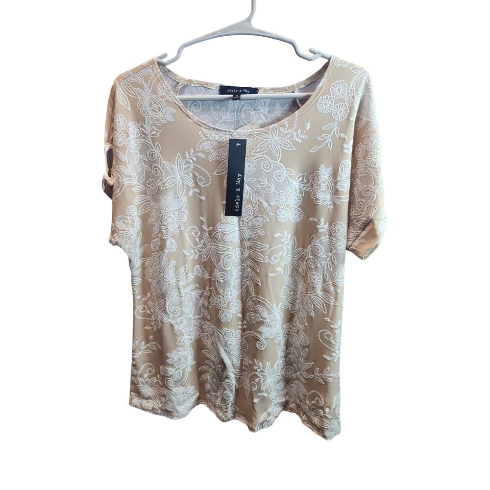 NWT Adele & May Tan White Floral Lace Outline Blouse Top Short Sleeve Medium